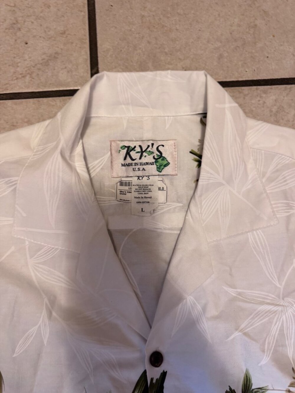 KY’S Hawaiian Shirt Mens Large Ivory Cotton Bamboo Floral Camp Aloha Button Up - Picture 5 of 9